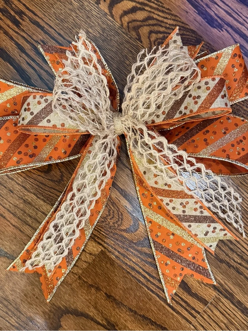 Handmade Holiday Bow in Orange and Cream with Gold Accents